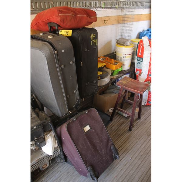 Asst. luggage, chair, tool set, tray of bolts, 2- bags of insulation, 1 1/2 pails of drywall comp.