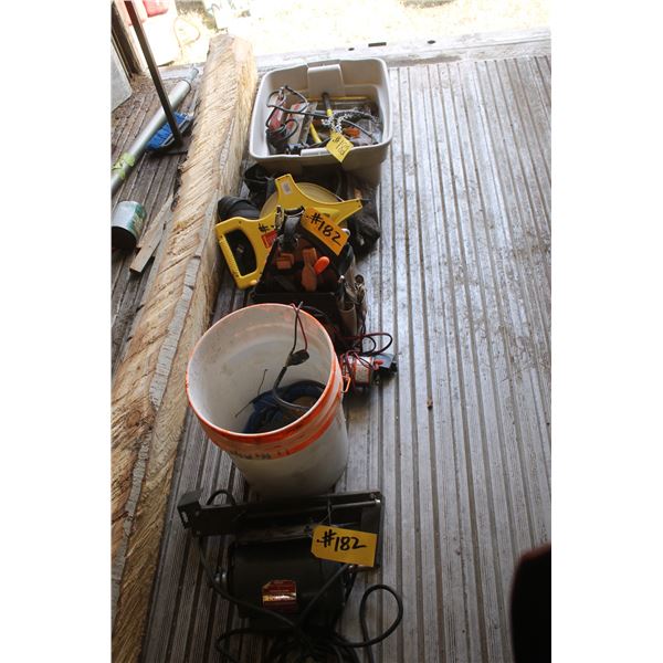 1/2 Hp utility mortor, 1500lb elec. Winch, tool belt and tools, fibreglass 300' tapeline and tote c/