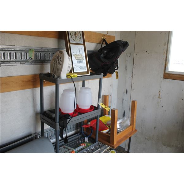 Paint cloths, rubber underlay, plastic shelf c/w chicken waterers, fan, clock and wooden table