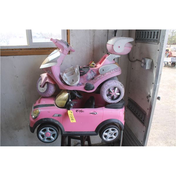 Pink toy car, pink tray and tricycle