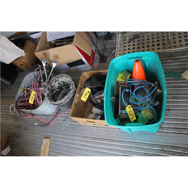 Green tote of misc. trowel, belt tool bag, rubber pails and chrome mirror