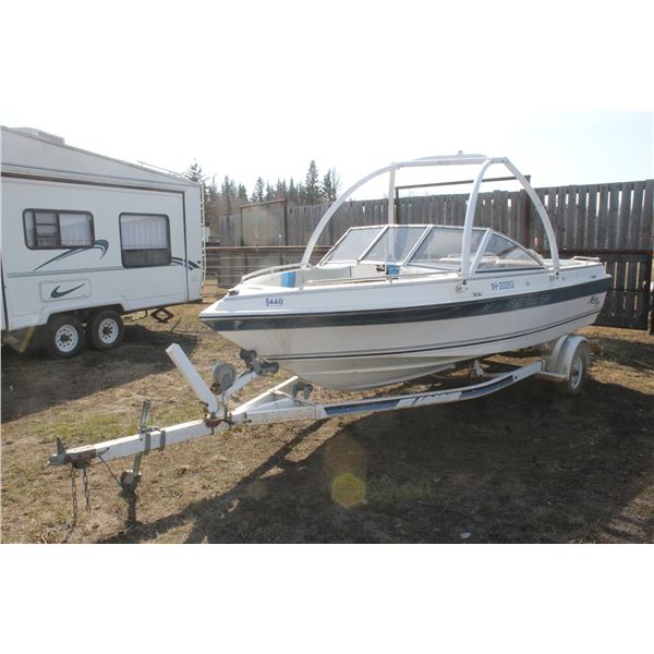 Malibu 175, 17.5' open bow boat, Johnson V4 140 motor, #IH-20253, c/w single axle trailer, #Z1T17669