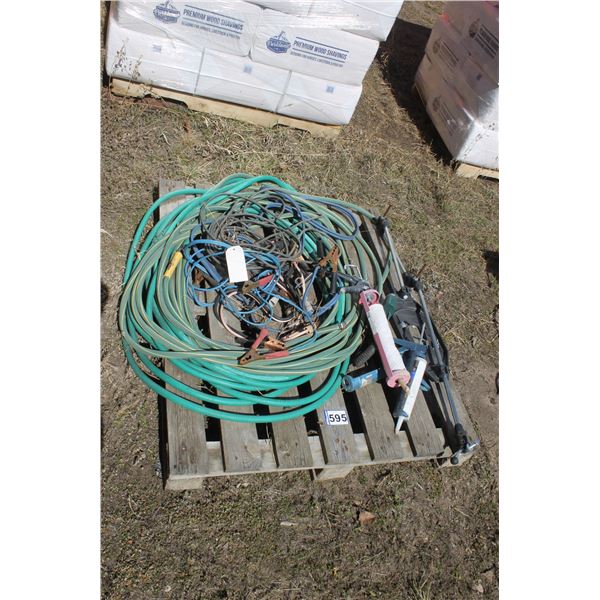 Pallet of Misc  Hose, cables and calking guns