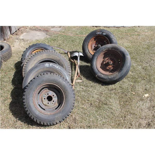 8 tires, shovel, scythe, set of tires and frame for moving granaries (At Adolph's Adolph Pasay 780-9