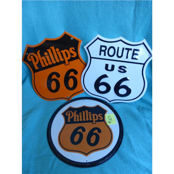 12" Circular Phillips replica sign, 11"x 11"  White Route 66 replica & orange/black Phillips 66 repl