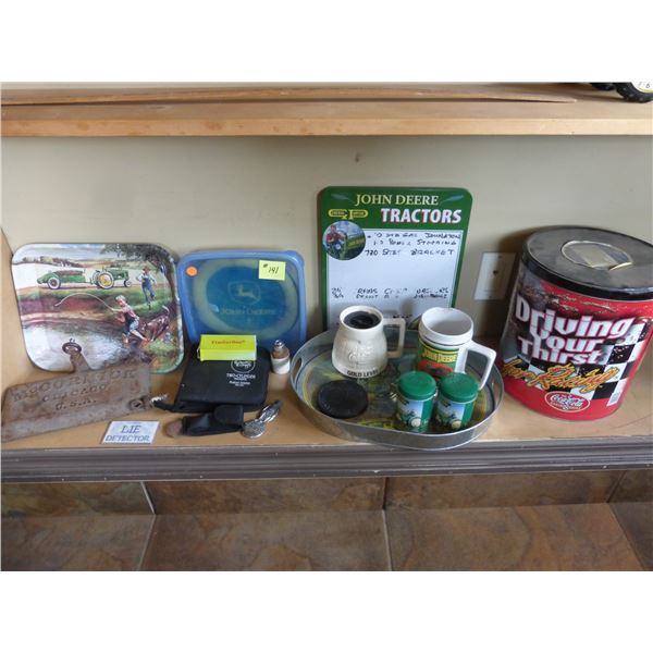 2- JD serving trays, JD stuffed dog toy, mugs, JD salt & pepper shakers, McCormick cast iron toolbox