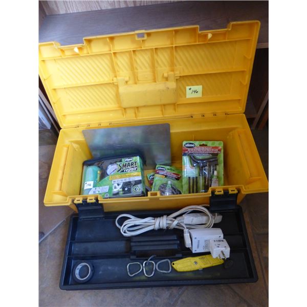 Tool box c/w slime tire repair products, tape, cords and misc.