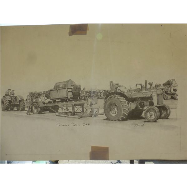 "Farmers Day Off" print of a pencil drawing, 17" x 11"