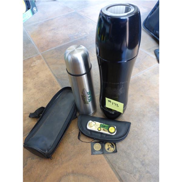 JD knife and 2- thermoses