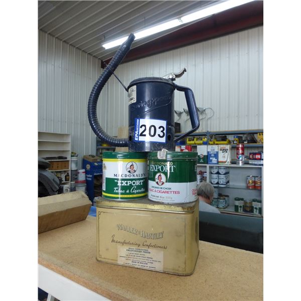 2- Tobacco tins, candy box & 1 quart dispenser