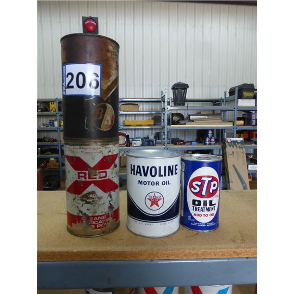 4- Oil cans, Havoline & S+P are full, BA & Red are empty