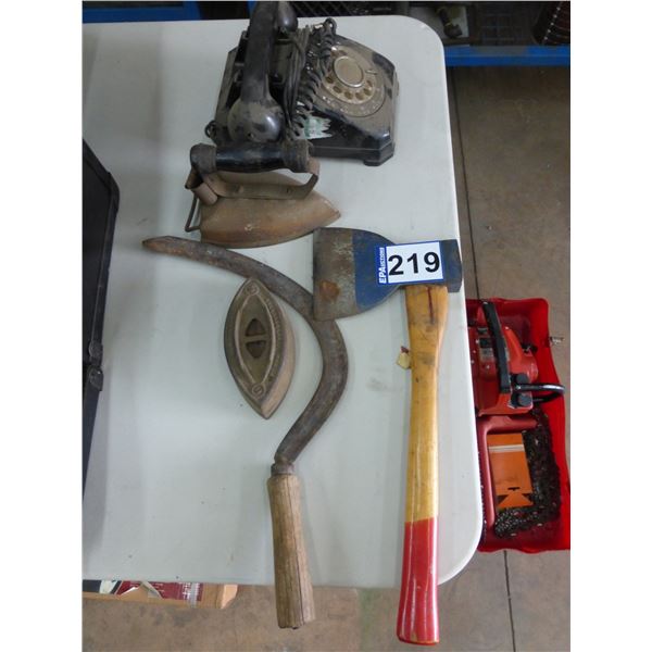 Phone, sythe, iron, axe