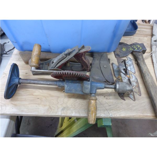 Plane, 2- hatchets, drill, light, regulator, hose & tub