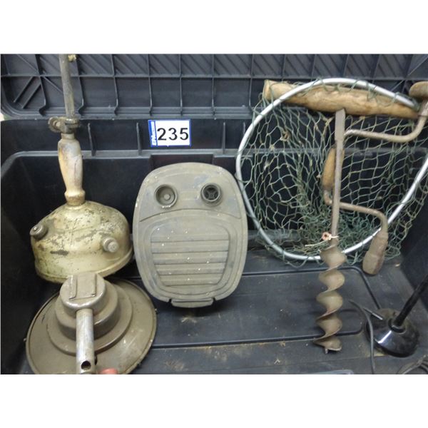 Black pump crate c/w wood drill, lamp, fishnet