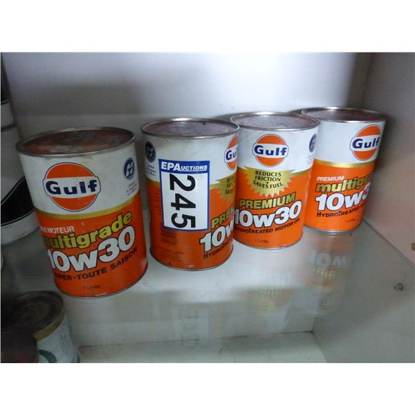 So much each x 4, 4- Gulf oil cans, full