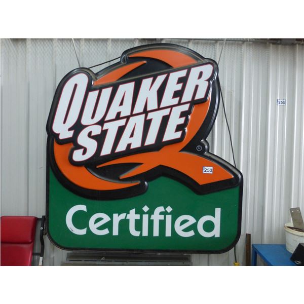 Single sided Quaker state sign, Approx. 68" x 62" (light works)