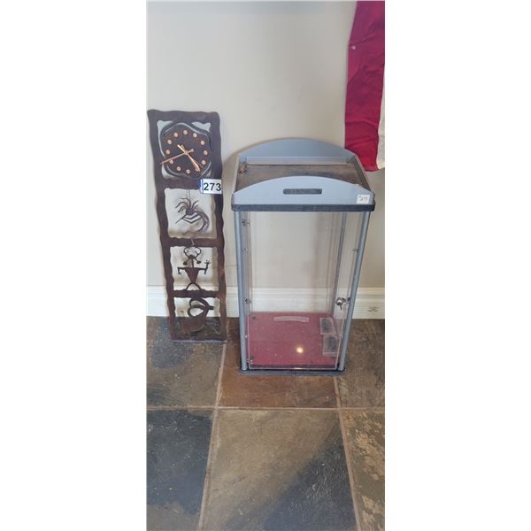 Glass display case, 30" H x 14 1/2" W x 11" D & wall clock