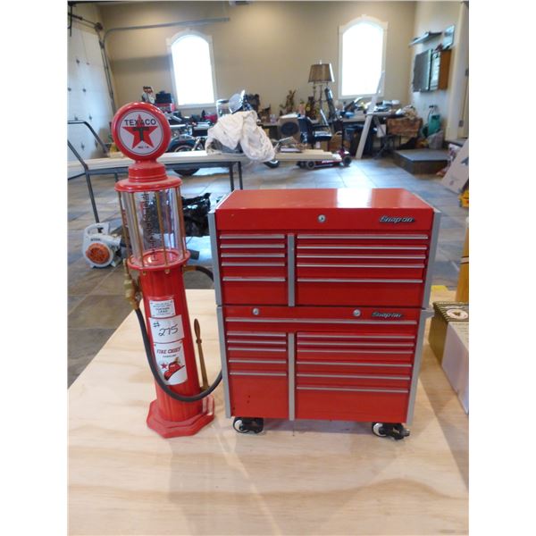 Snap-On tool box, 7 1/2"H x 6 3/4"W x 3 1/2"D c/w Texaco clear vision gas pump, 12"