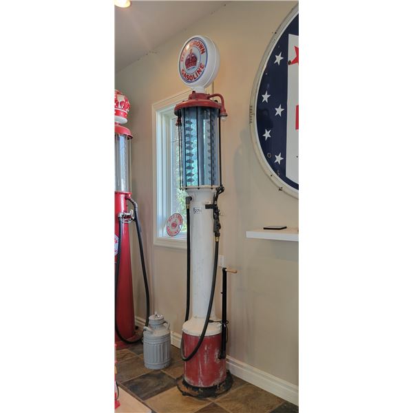 Rush Type H, 1917 version gas pump, 10-gal US glass (believed to be unrestored) c/w Red Crown globe