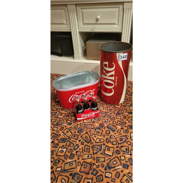 Coca Cola trash can 19" H, Coca Cola ice bucket 16" x 9" & 1- 6 pack of Coca Cola, glass bottles, fu