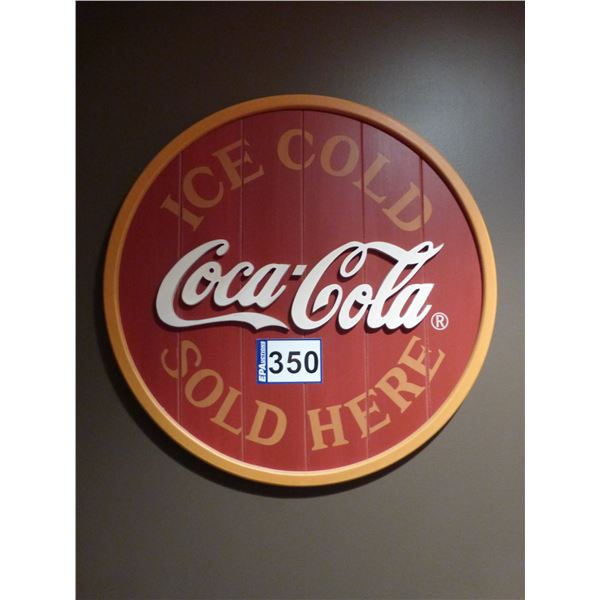 18" Coca Cola button sign, wood coke cooler 16" x 11" x 12 1/2"
