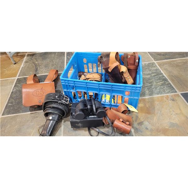 Assort. Holsters, binoculars, leather ammo case