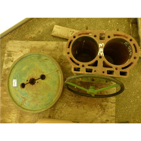 JD Flywheel 24" dia., engine block & steering wheel