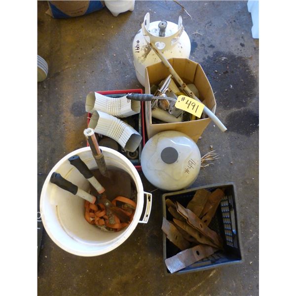 Qty of copper plumbing parts, down spouts and propane tanks etc.