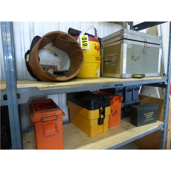 Water cooler, concrete tools, padded storage box 19"W x 14 1/2"H x 11 1/2"D & qty of plastic tool bo