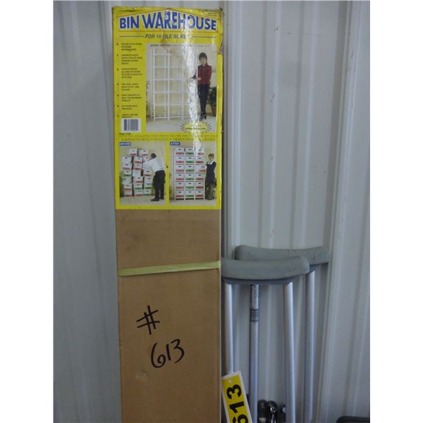 Brand new file box organizer, crutches and misc.