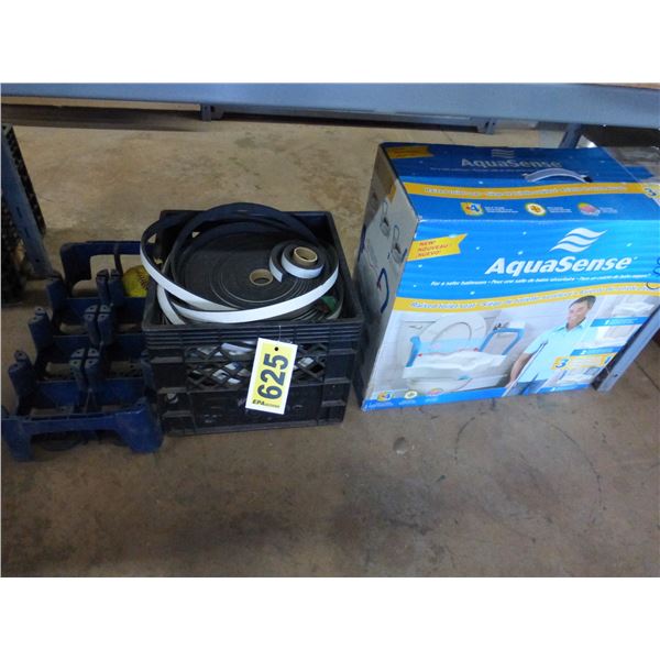 Raised toilet seat, weather stripping and Pepsi bottle crate