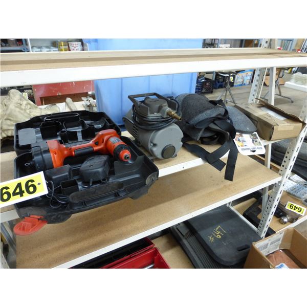 B&D drill, air pump & knee pads