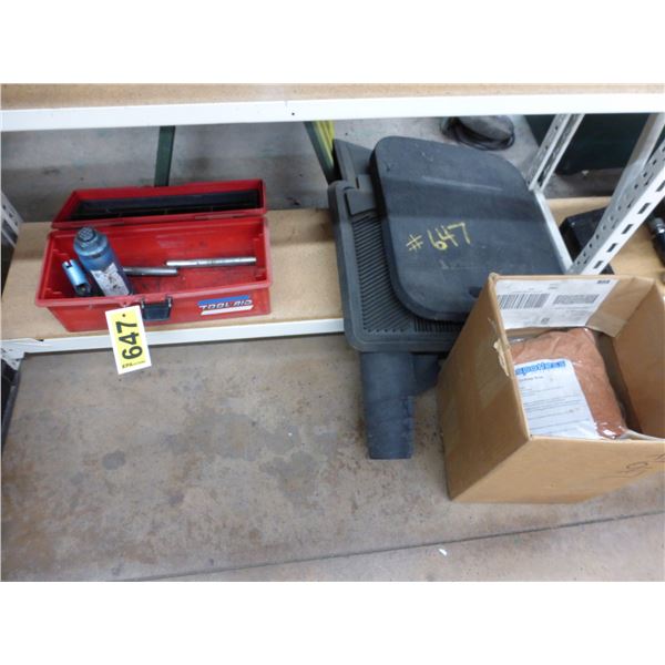 Mud flaps, rubber bass for cones, sand blast media, floor mats, hyd. Bottle jack and misc.