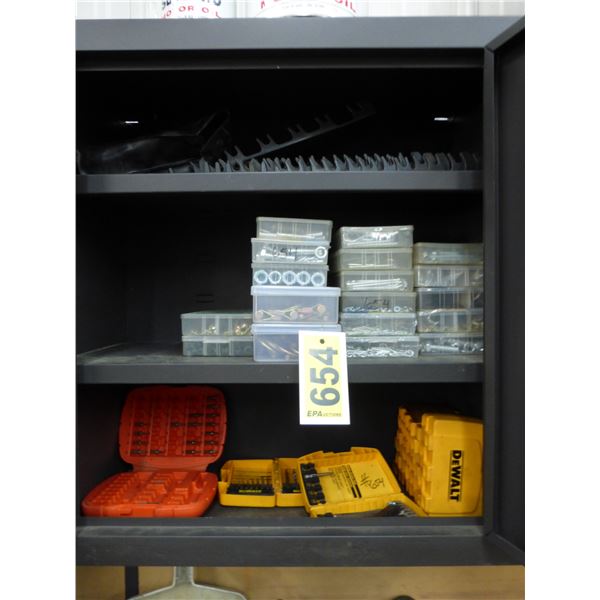 Storage trays c/w nuts/bolts, cotter pins, hitch pins, screw drivers, drill bits and misc.