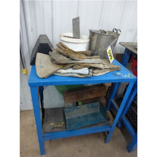 Table, gloves, wheel clock, SS pail and misc.