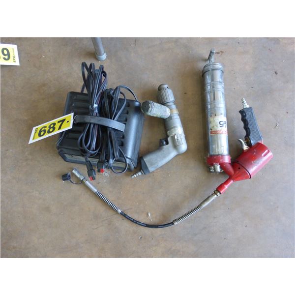 Battery charger, Pneumatic grease gun & drill