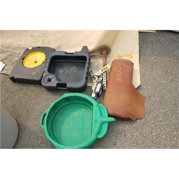 Come-a-long, 3- plastic oil pans, roll of 24" heavy rubber (gasket material)