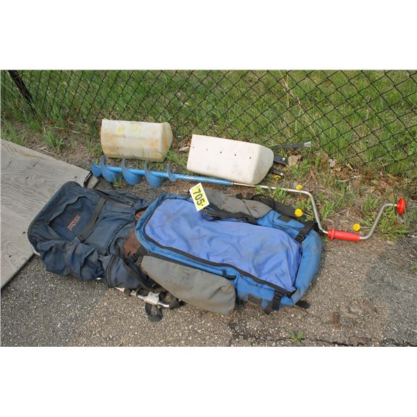 2- Backpacks, ice auger & 2- plastic bins