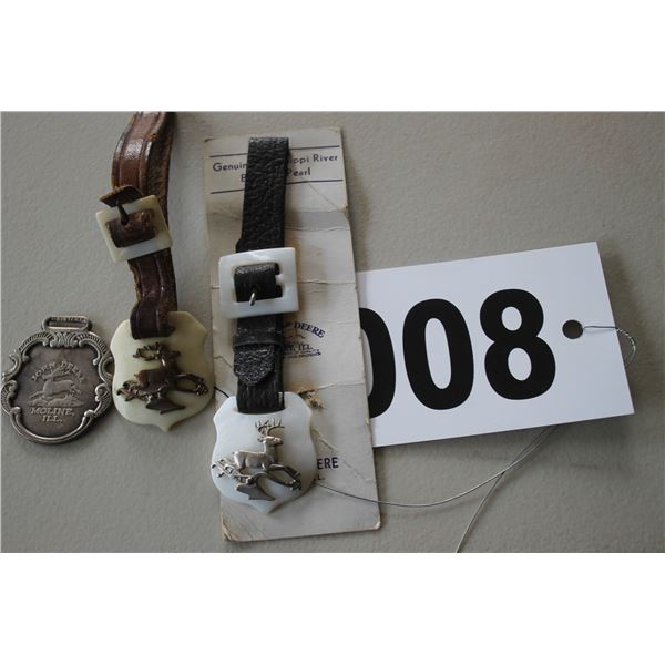 2- JD fobs with pearl shield, leather straps and JD moline fob