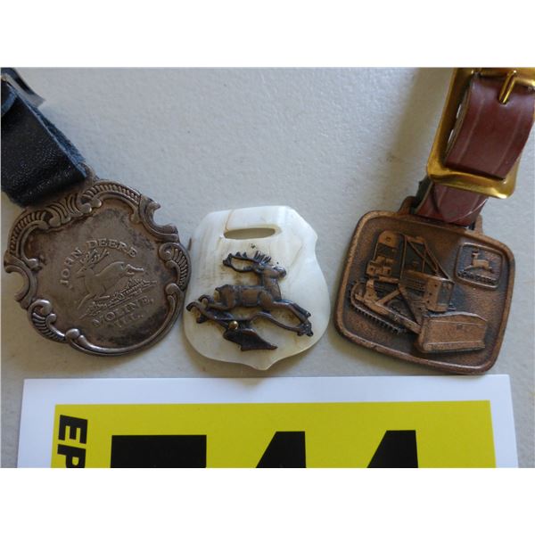 JD/Moline fob with strap, JD crawler fob with strap and JD "Mother of Pearl" fob