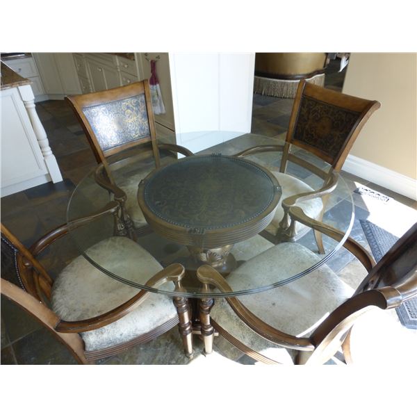 Kitchen table, glass top, 48" dia. c/w 4 chairs and matching sideboard 46"W x 36"H x 19 1/2"D