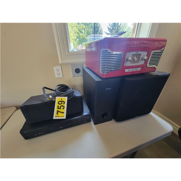 STEREO retro record/radio player, 2 subs, center speaker and DVD player