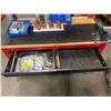 Image 2 : MOBILE INDUSTRIAL RED METAL 2 DRAWER, 3 DOOR WORK STATION WITH ASSORTED CONTENTS AND VICE