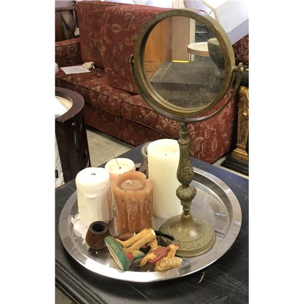 Decorative Tray of Candles & Mirror