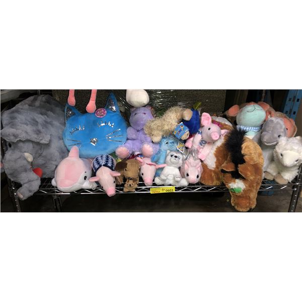 Shelf lot full of assorted stuffed toys