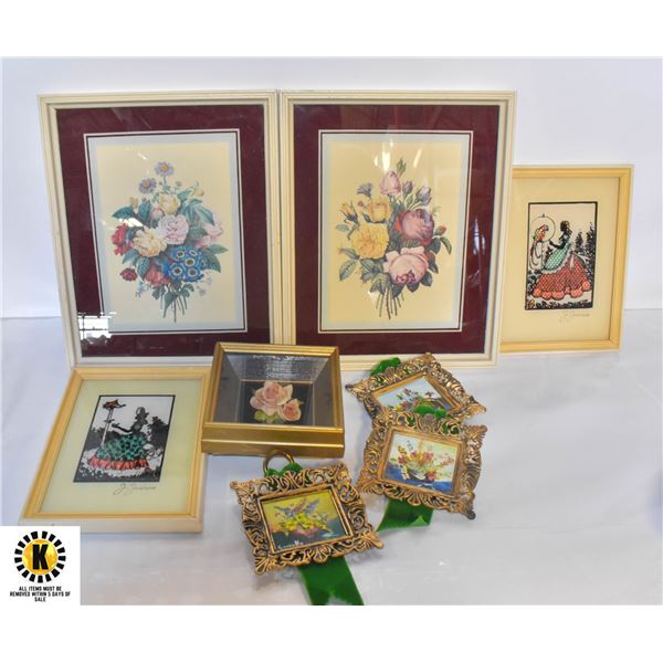 VINTAGE FRAMED SMALL ART- BOX LOT ASSORTED