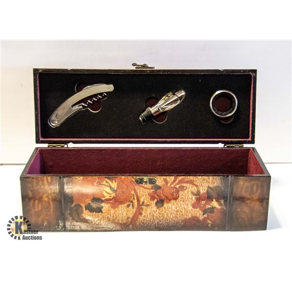 WOODEN WINE BOX WITH CORKSCREW ETC