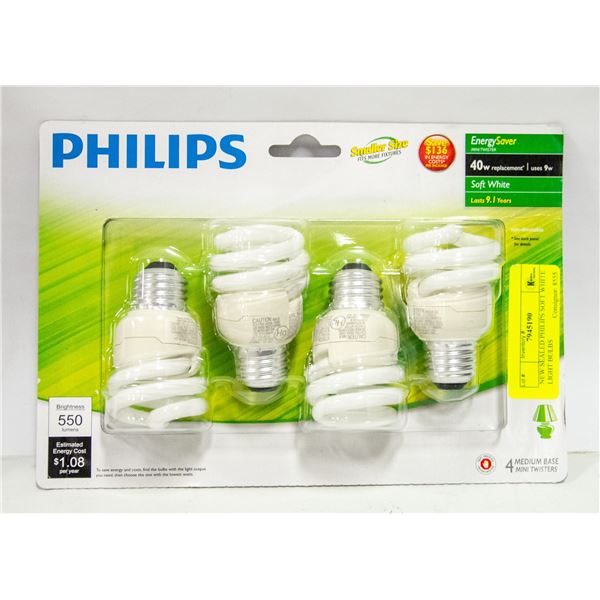 NEW SEALED 4PK PHILIPS SOFT WHITE LIGHT BULBS