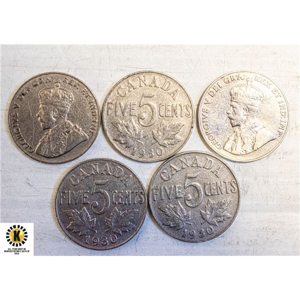 LOT OF 5 1930 CANADIAN NICKLES