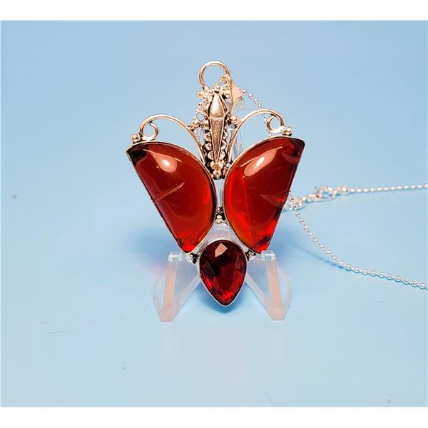 SILVER TONE WITH LAB CREATED RED GARNET BUTTERFLY